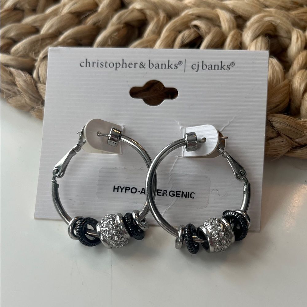 Christopher & Banks Silver & Gemstone Beaded Hoop Earrings, silver, boho, indie - Picture 2 of 5